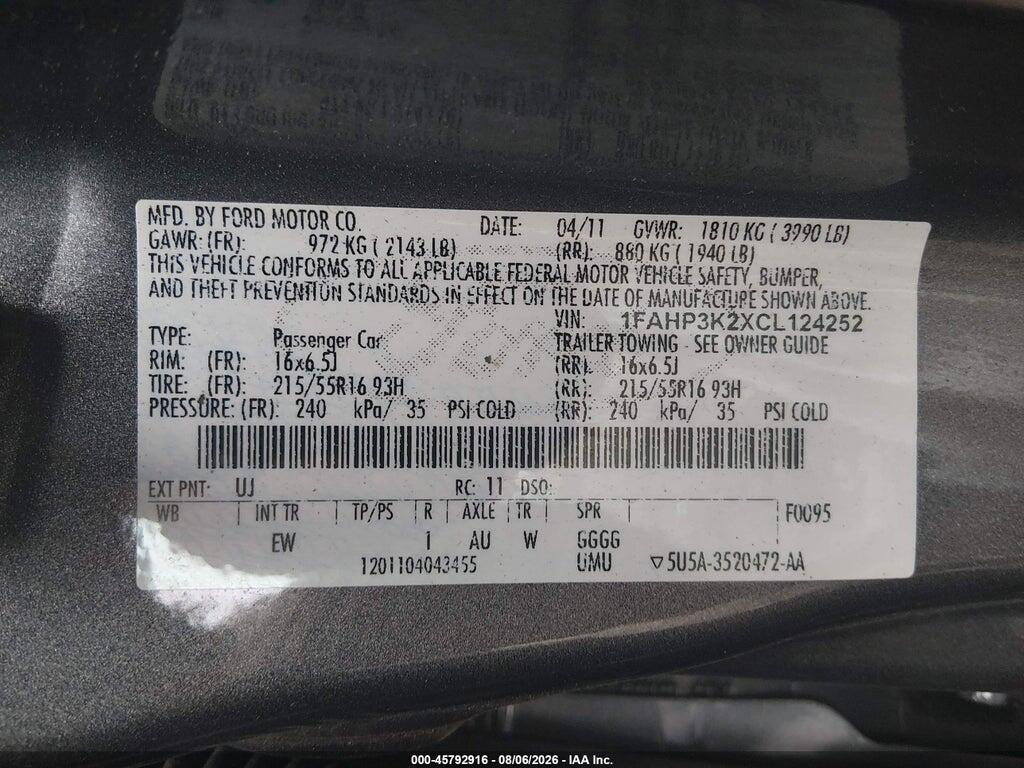 1FAHP3K2XCL124252 2012 FORD FOCUS photo no. 9