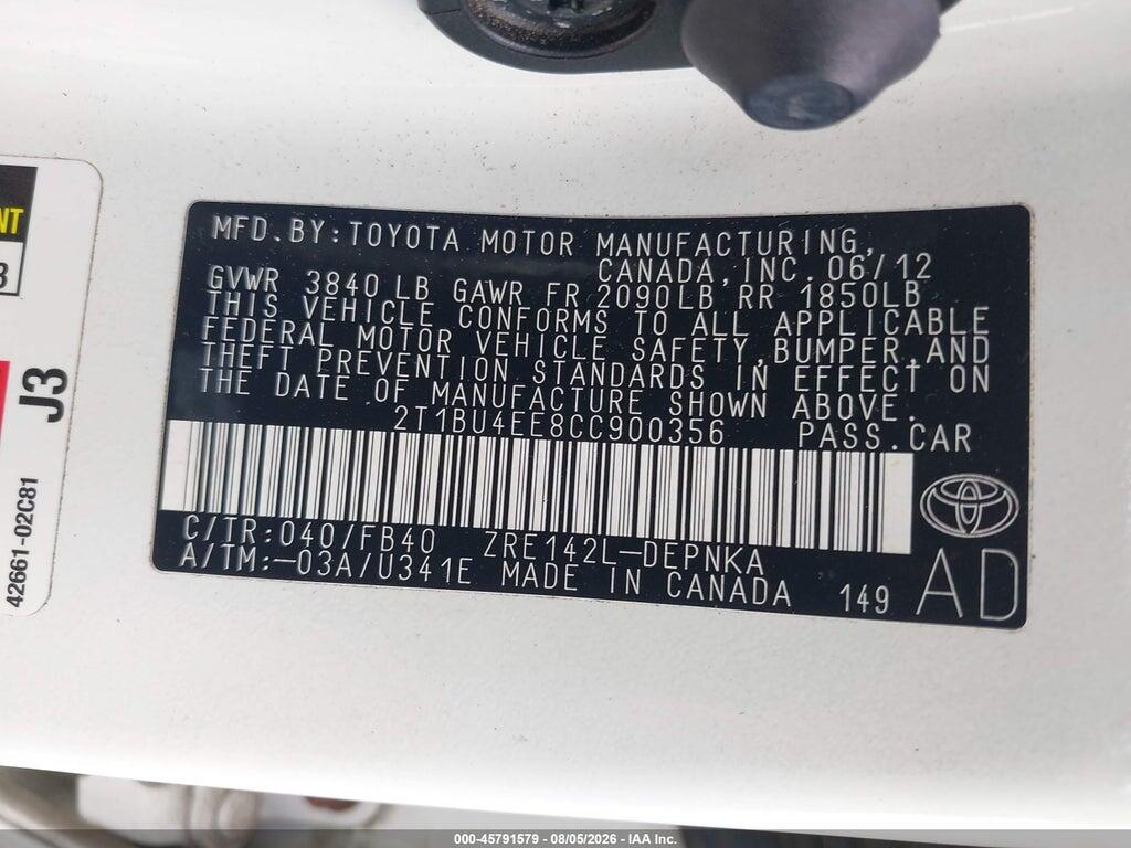 2T1BU4EE8CC900356 2012 TOYOTA COROLLA photo no. 9