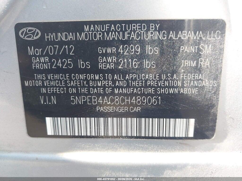 5NPEB4AC8CH489061 2012 HYUNDAI SONATA photo no. 9