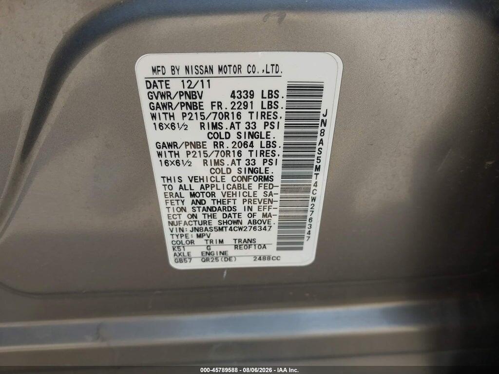 JN8AS5MT4CW276347 2012 NISSAN ROGUE photo no. 9