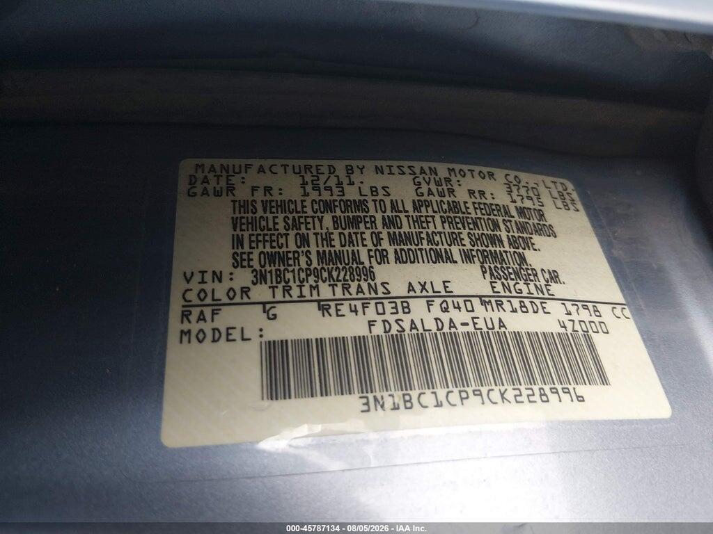 3N1BC1CP9CK228996 2012 NISSAN VERSA photo no. 9