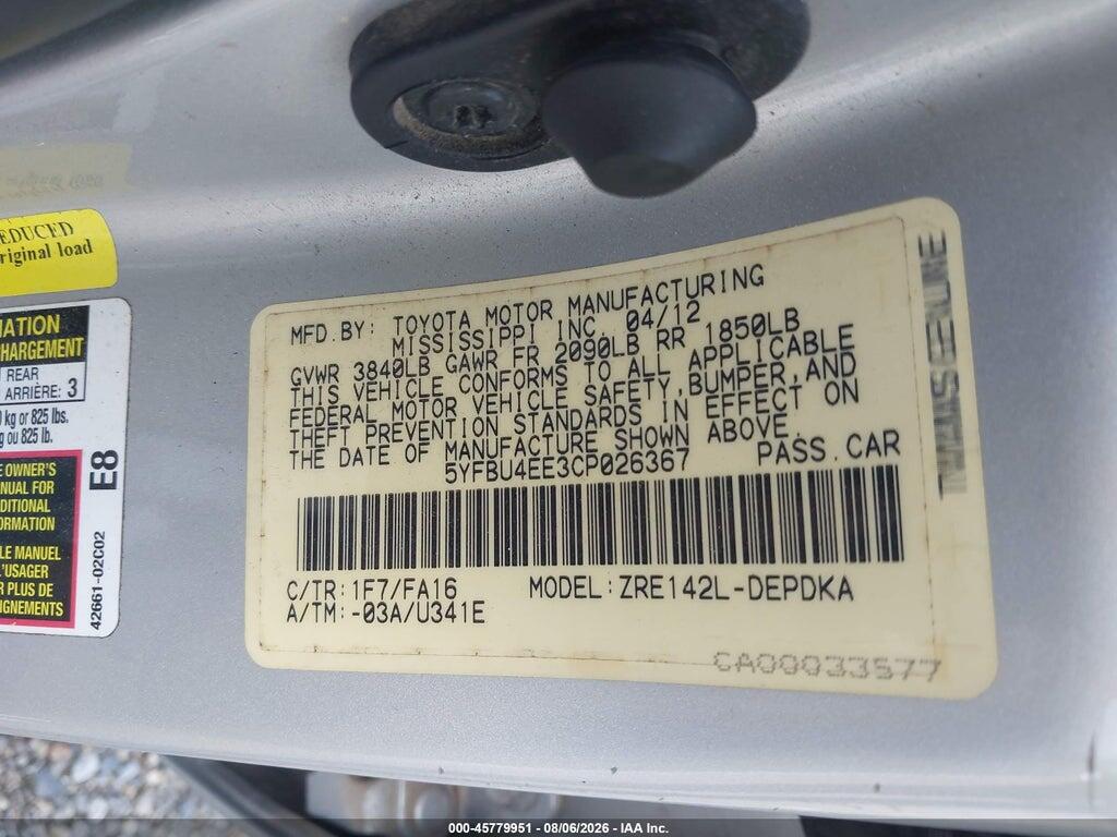 5YFBU4EE3CP026367 2012 TOYOTA COROLLA photo no. 9