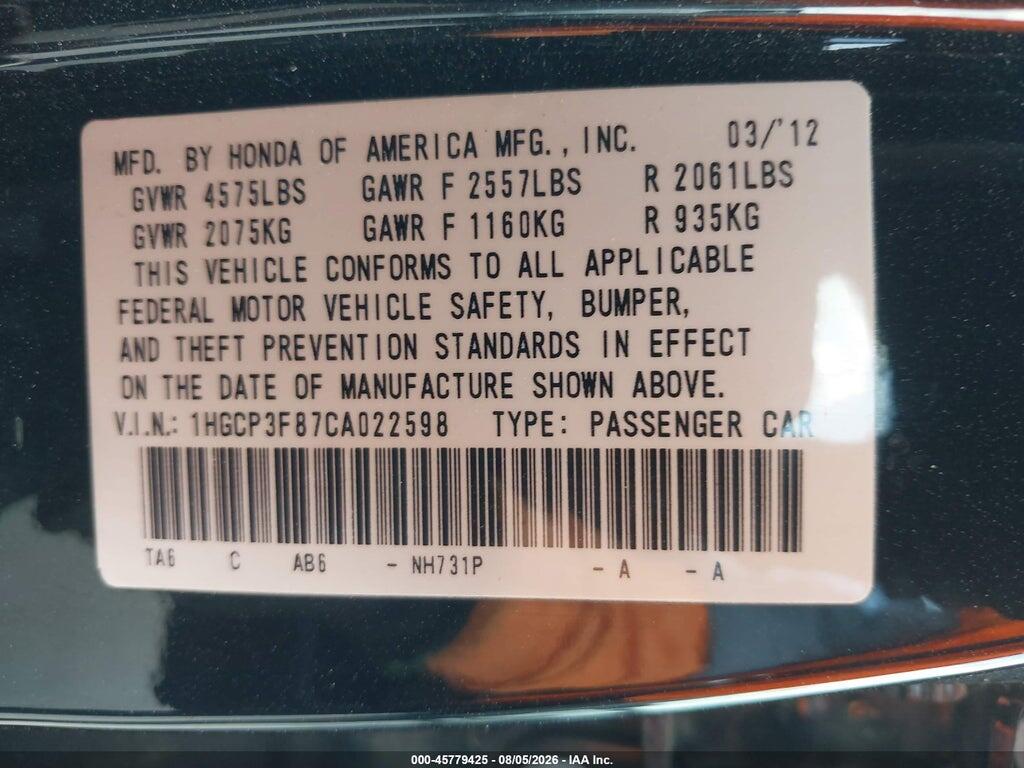 1HGCP3F87CA022598 2012 HONDA ACCORD photo no. 9