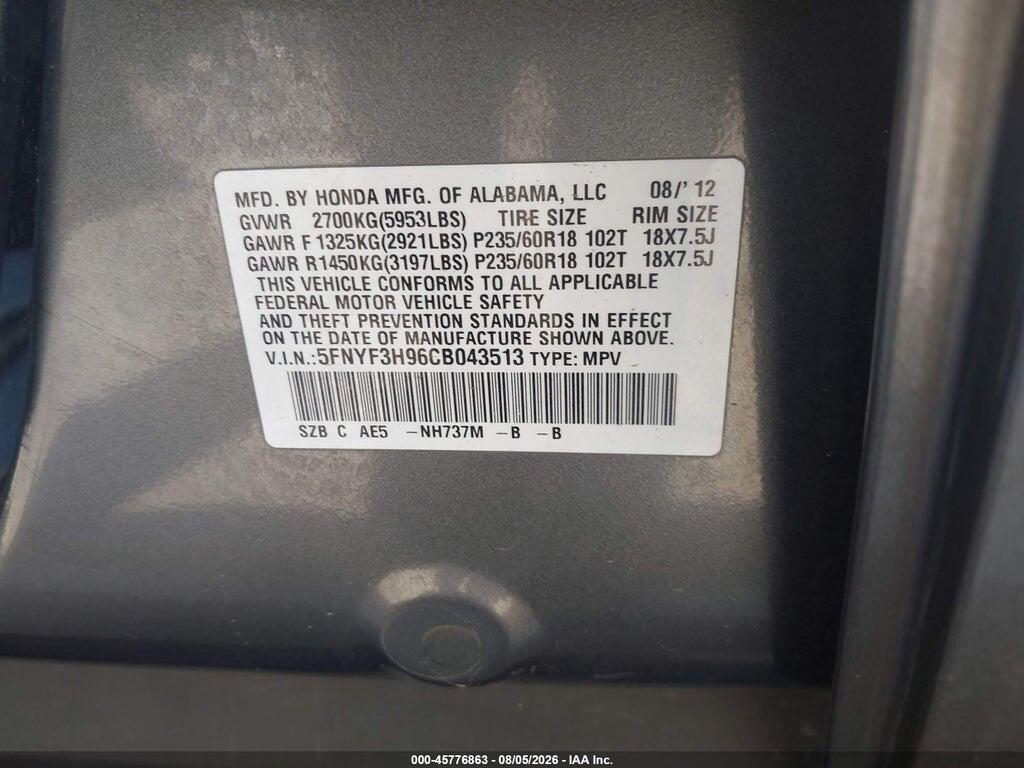 5FNYF3H96CB043513 2012 HONDA PILOT photo no. 9