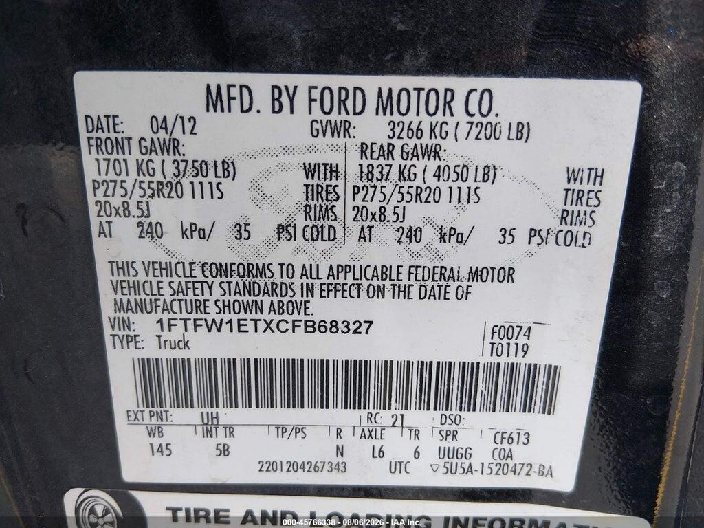1FTFW1ETXCFB68327 2012 FORD F-150 photo no. 9