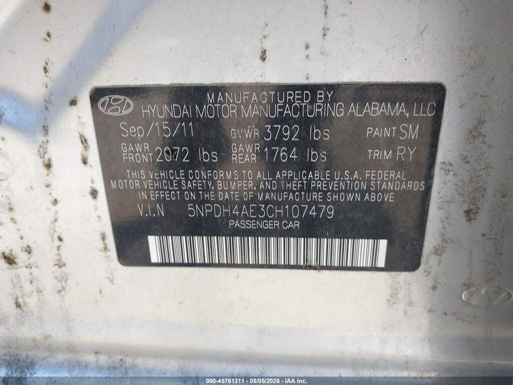 5NPDH4AE3CH107479 2012 HYUNDAI ELANTRA photo no. 9