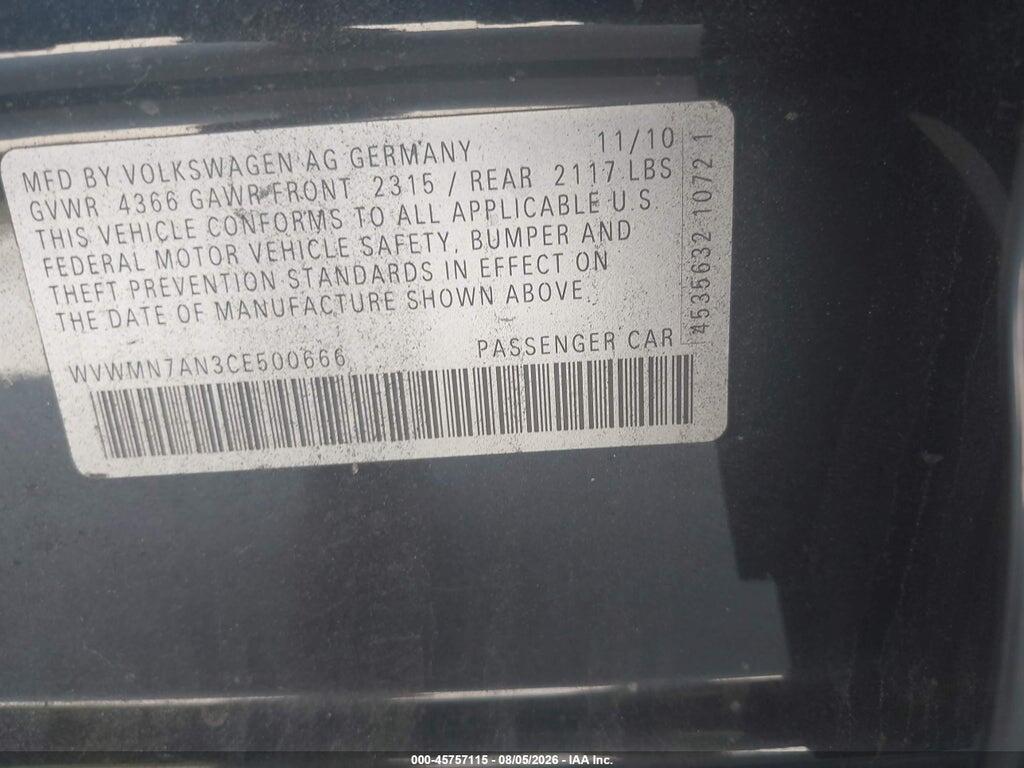 WVWMN7AN3CE500666 2012 VOLKSWAGEN CC photo no. 9