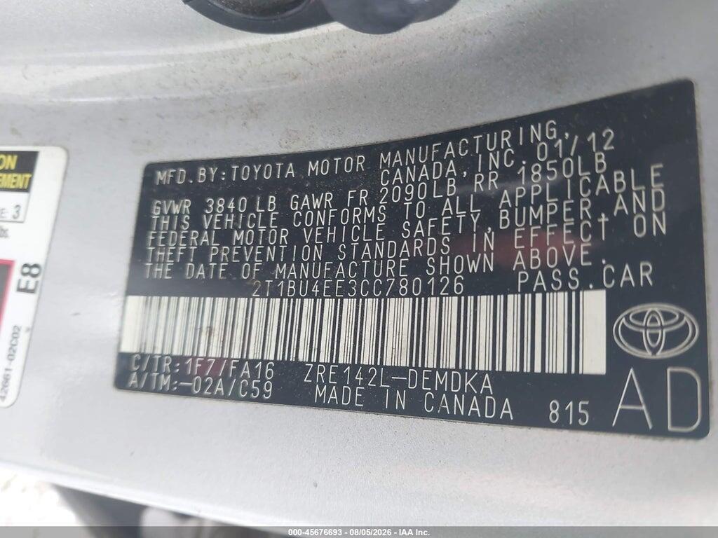 2T1BU4EE3CC780126 2012 TOYOTA COROLLA photo no. 9