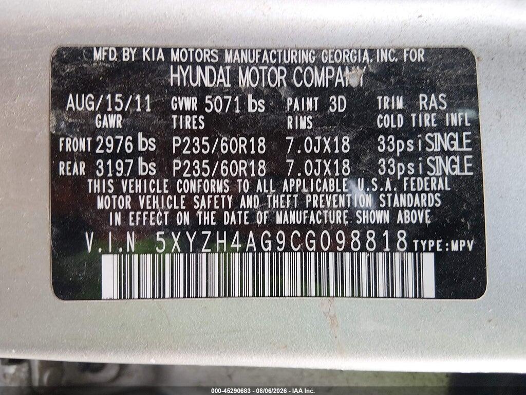 5XYZH4AG9CG098818 2012 HYUNDAI SANTA FE photo no. 9