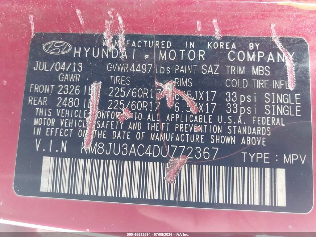 KM8JU3AC4DU772367 2013 HYUNDAI TUCSON photo no. 9
