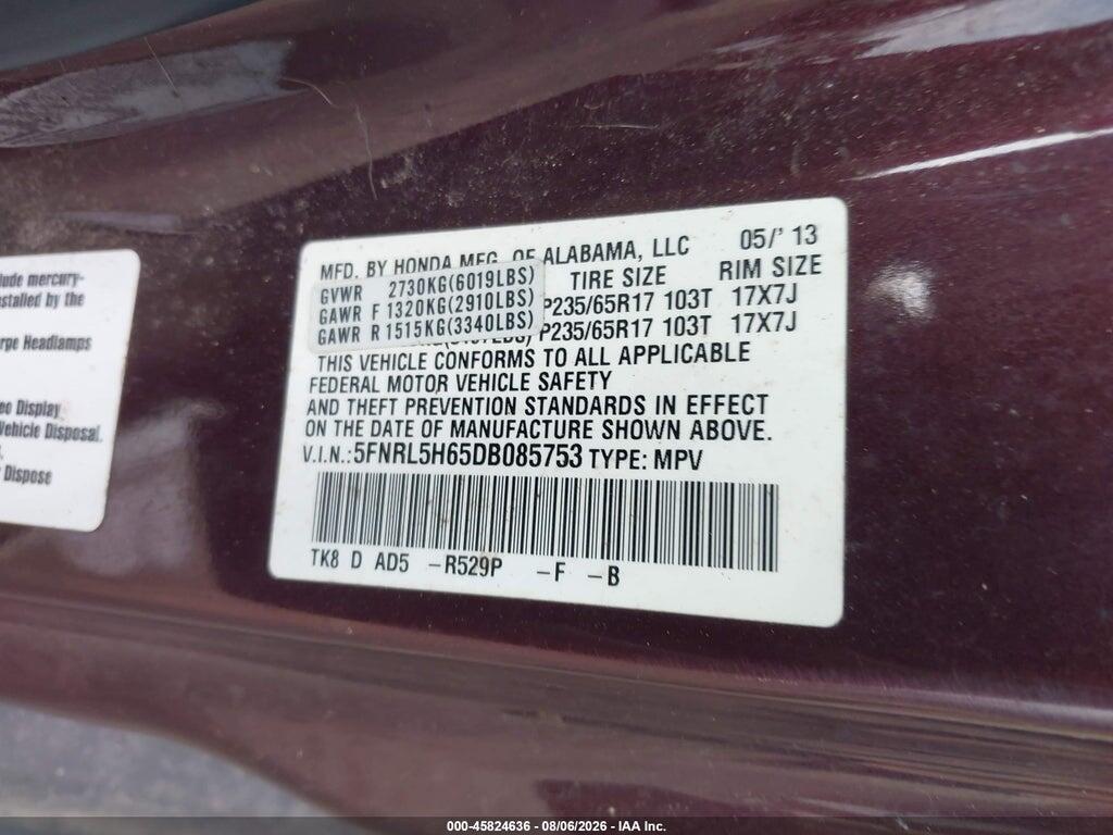 5FNRL5H65DB085753 2013 HONDA ODYSSEY photo no. 9