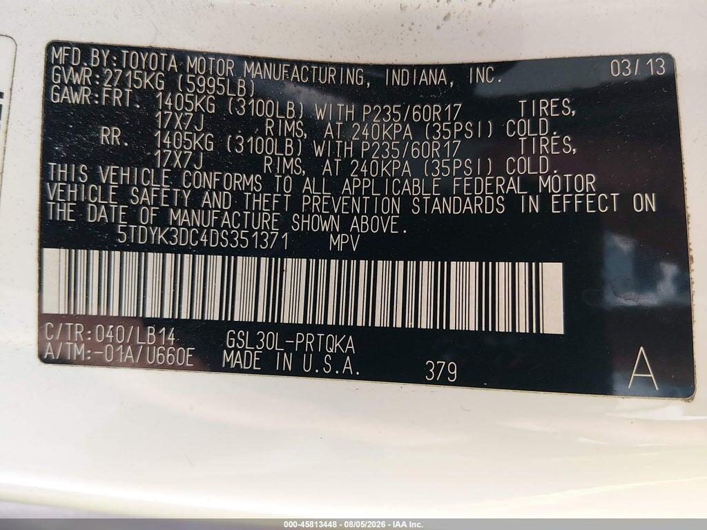 5TDYK3DC4DS351371 2013 TOYOTA SIENNA photo no. 9