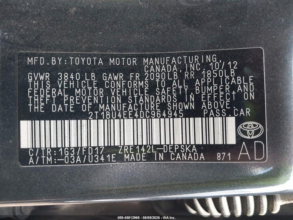 2T1BU4EE4DC964945 2013 TOYOTA COROLLA photo no. 9