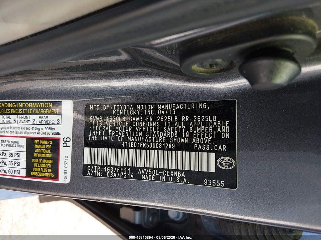 4T1BD1FK5DU081289 2013 TOYOTA CAMRY HYBRID photo no. 9