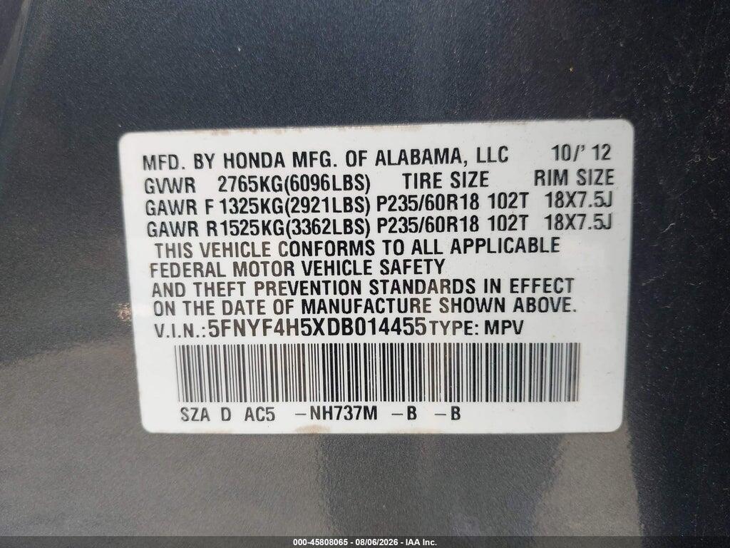 5FNYF4H5XDB014455 2013 HONDA PILOT photo no. 9