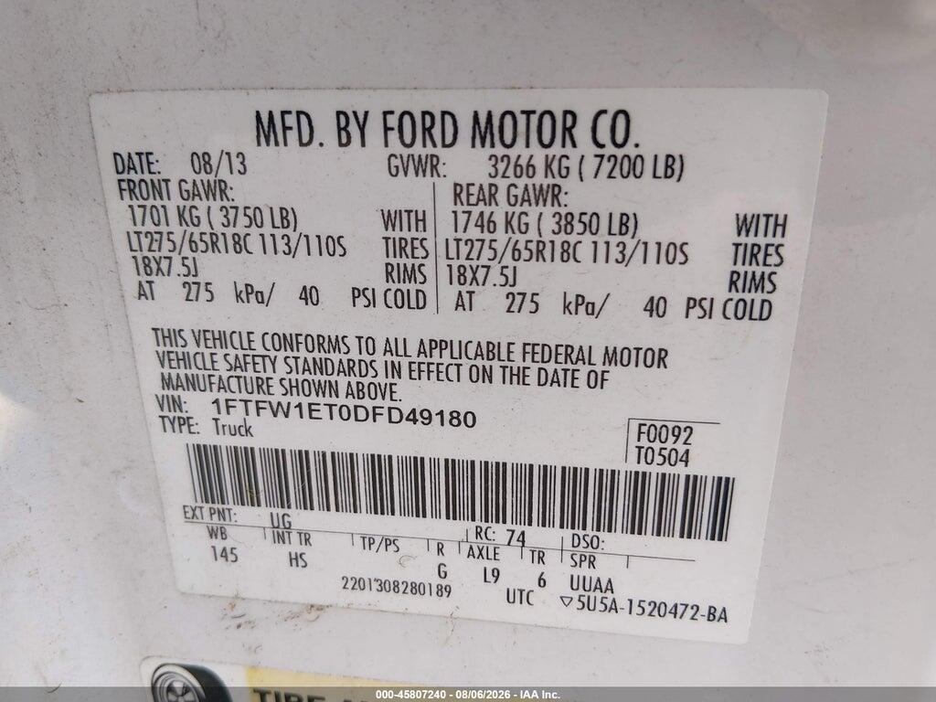1FTFW1ET0DFD49180 2013 FORD F-150 photo no. 9