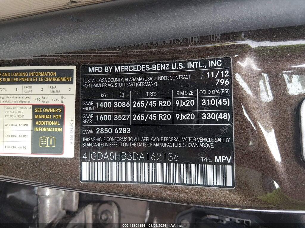 4JGDA5HB3DA162136 2013 MERCEDES-BENZ ML 350 photo no. 9