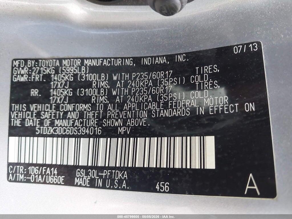 5TDZK3DC6DS394016 2013 TOYOTA SIENNA photo no. 9