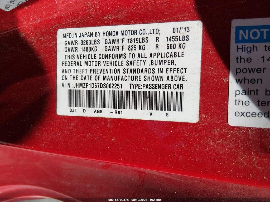 JHMZF1D67DS002251 2013 HONDA CR-Z photo no. 9