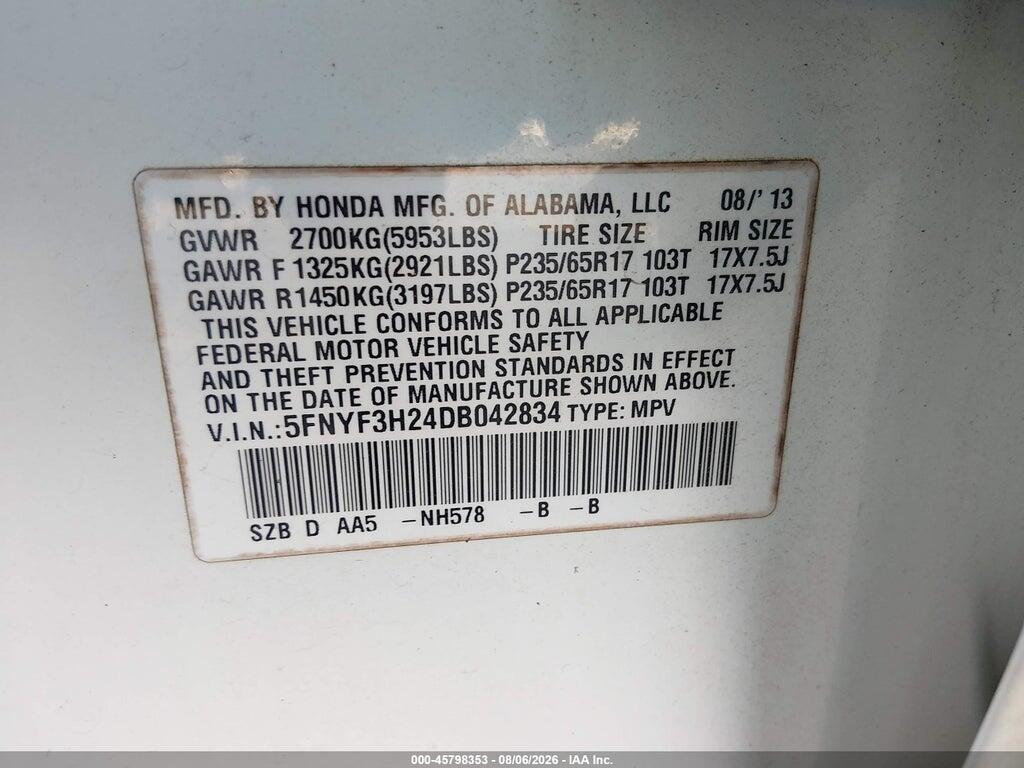 5FNYF3H24DB042834 2013 HONDA PILOT photo no. 9
