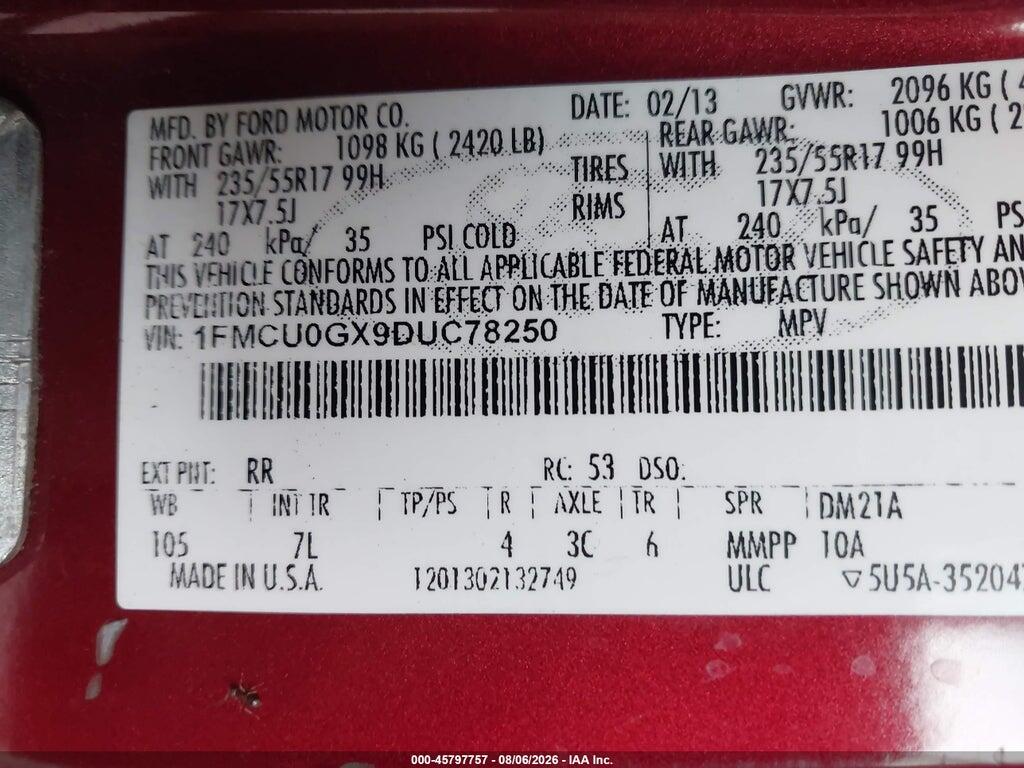 1FMCU0GX9DUC78250 2013 FORD ESCAPE photo no. 9