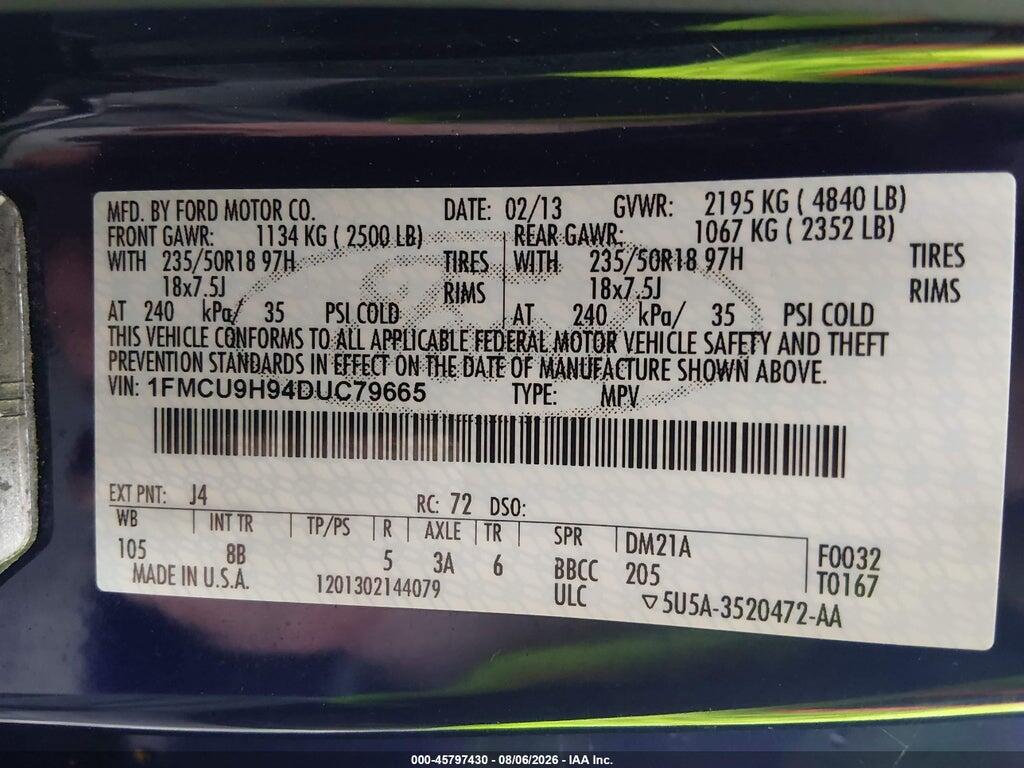 1FMCU9H94DUC79665 2013 FORD ESCAPE photo no. 9