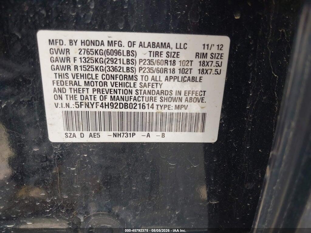 5FNYF4H92DB021614 2013 HONDA PILOT photo no. 9