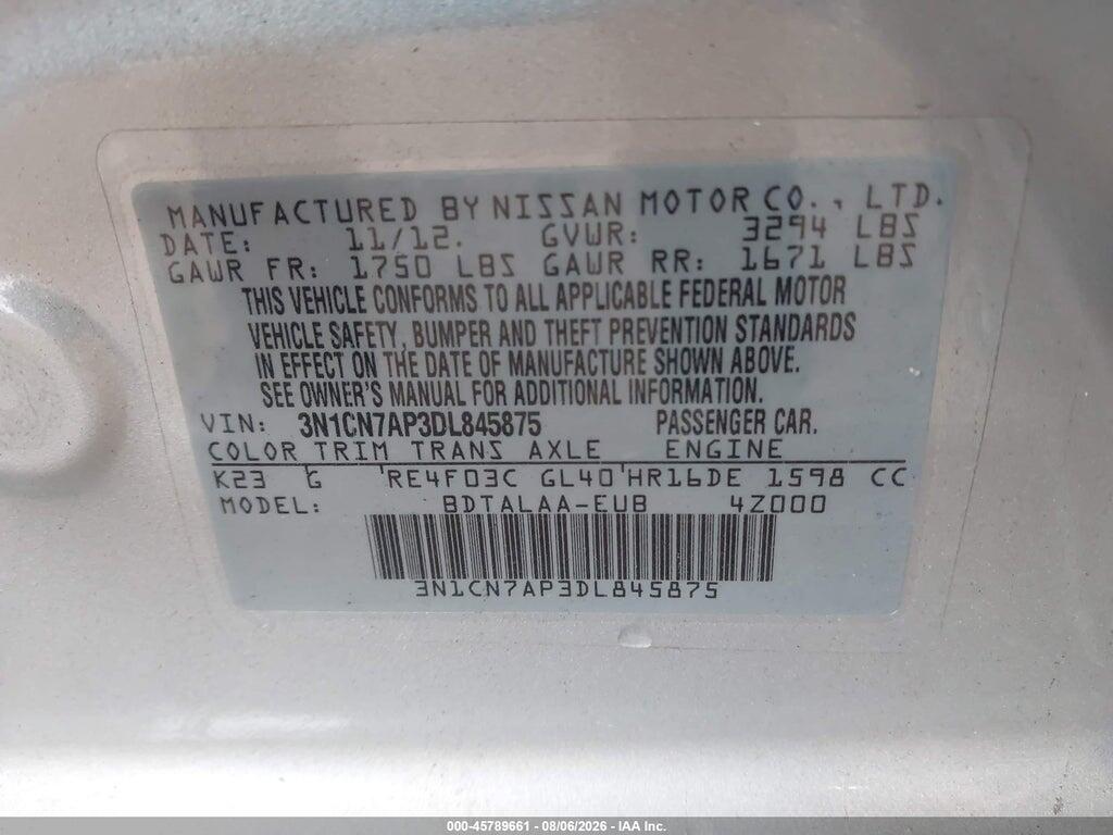 3N1CN7AP3DL845875 2013 NISSAN VERSA photo no. 9