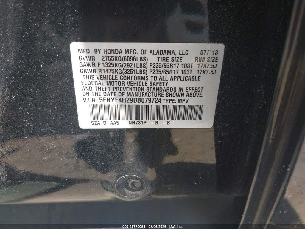 5FNYF4H29DB079724 2013 HONDA PILOT photo no. 9