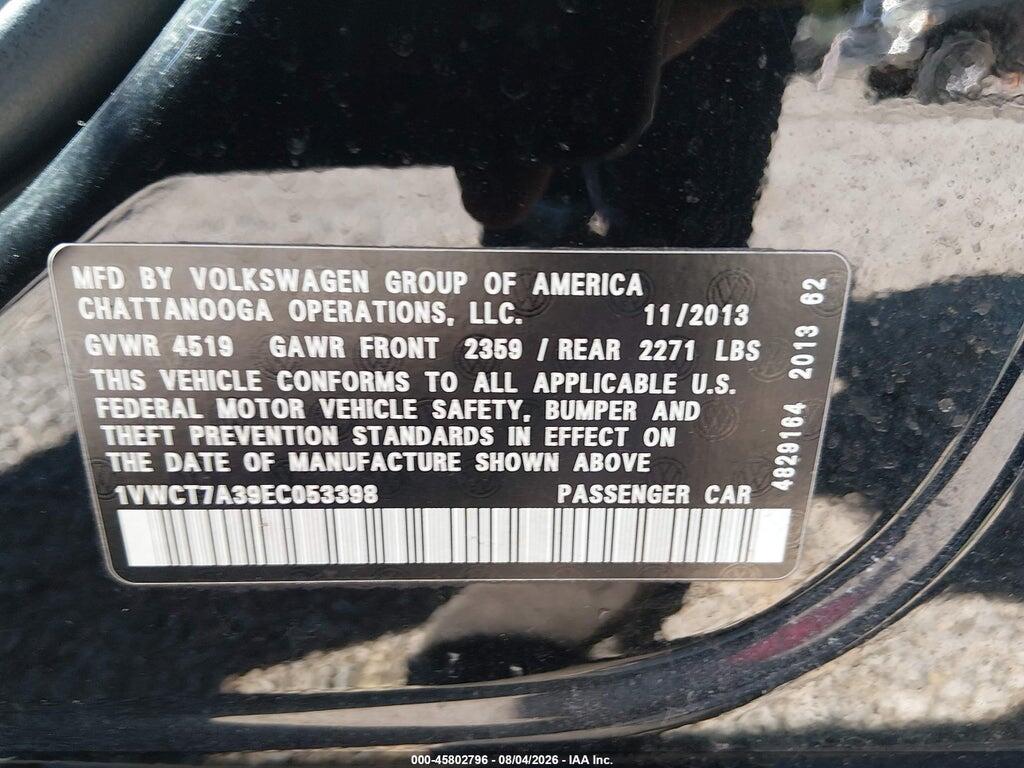 1VWCT7A39EC053398 2014 VOLKSWAGEN PASSAT photo no. 9