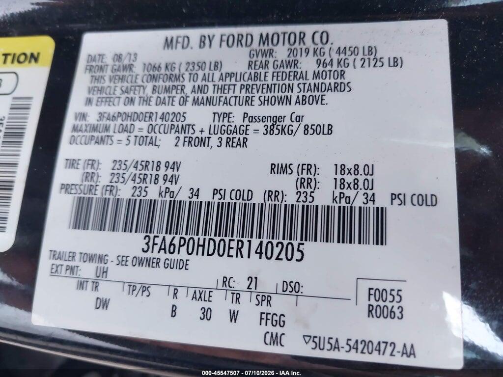 3FA6P0HD0ER140205 2014 FORD FUSION photo no. 9