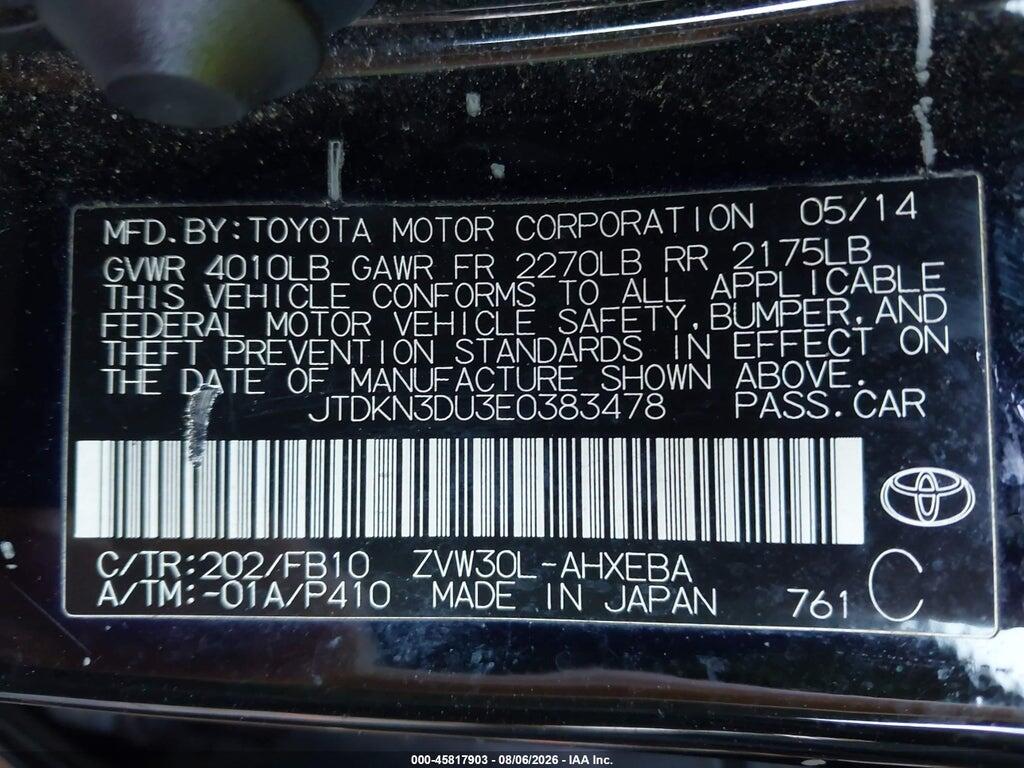 JTDKN3DU3E0383478 2014 TOYOTA PRIUS photo no. 9