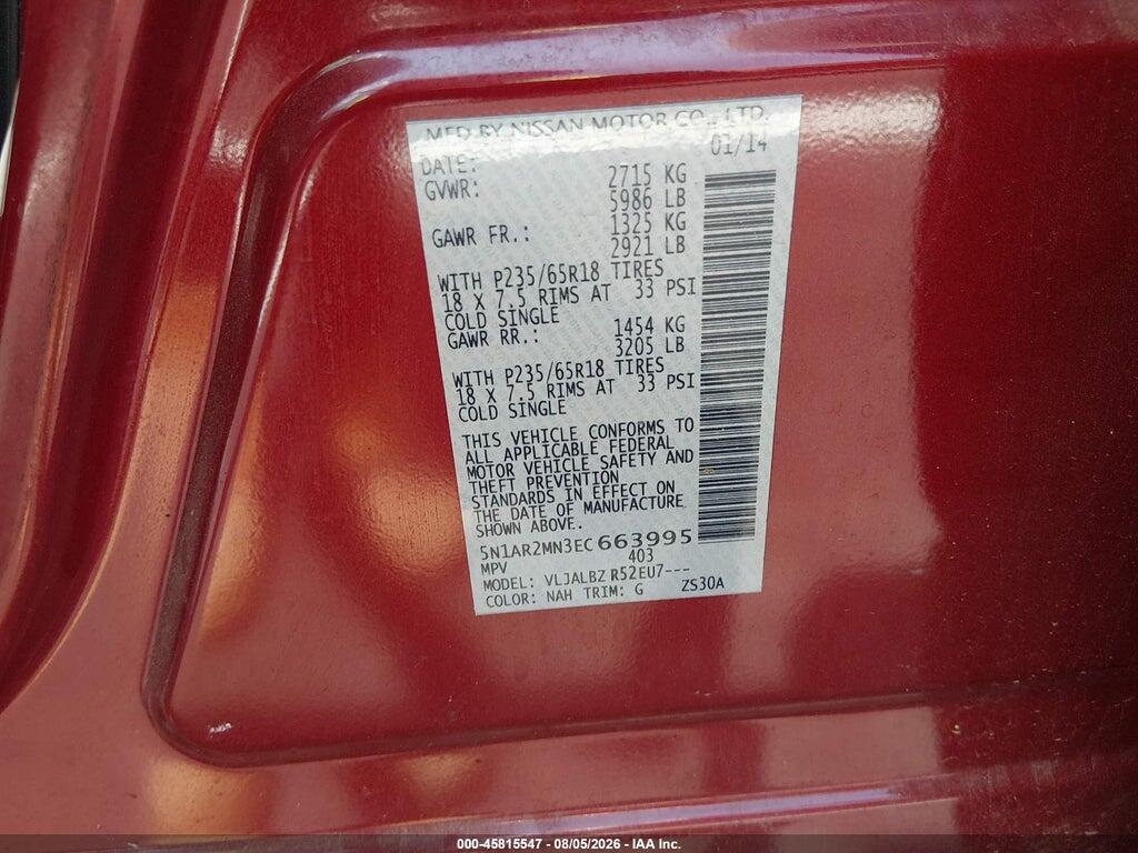 5N1AR2MN3EC663995 2014 NISSAN PATHFINDER photo no. 9