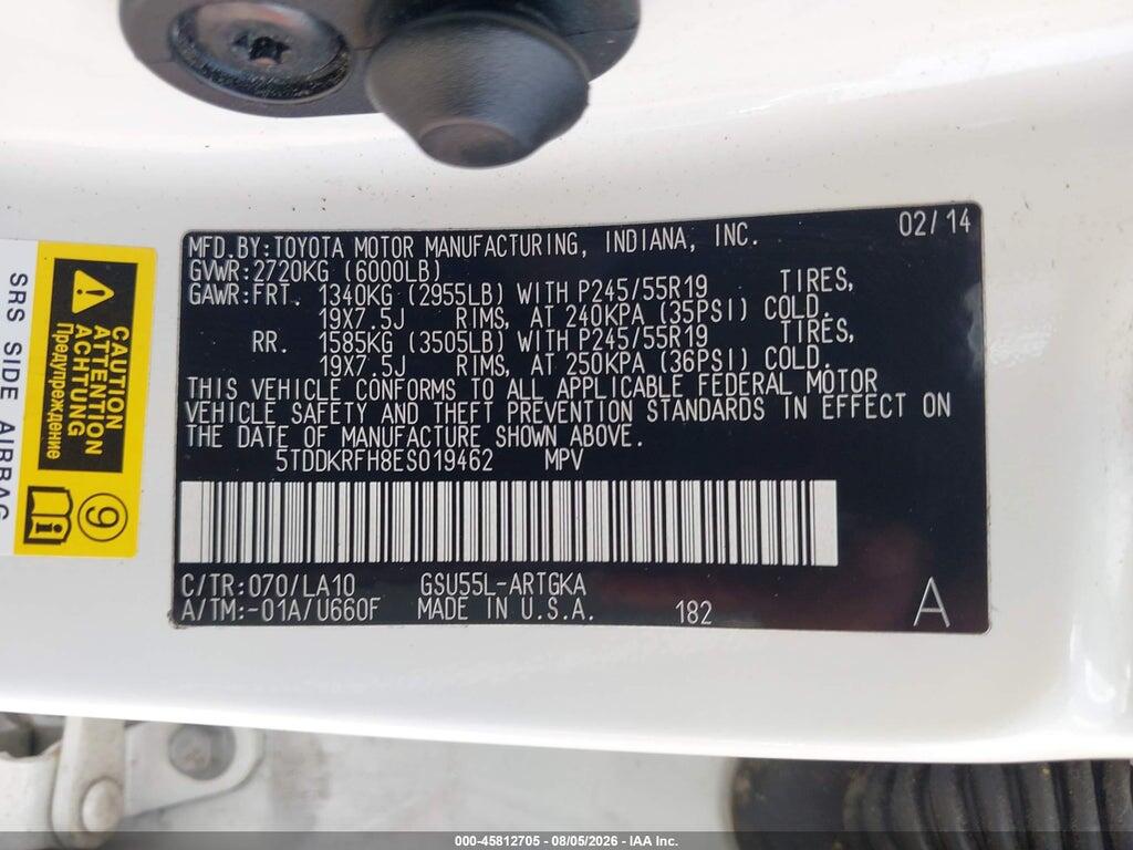 5TDDKRFH8ES019462 2014 TOYOTA HIGHLANDER photo no. 9