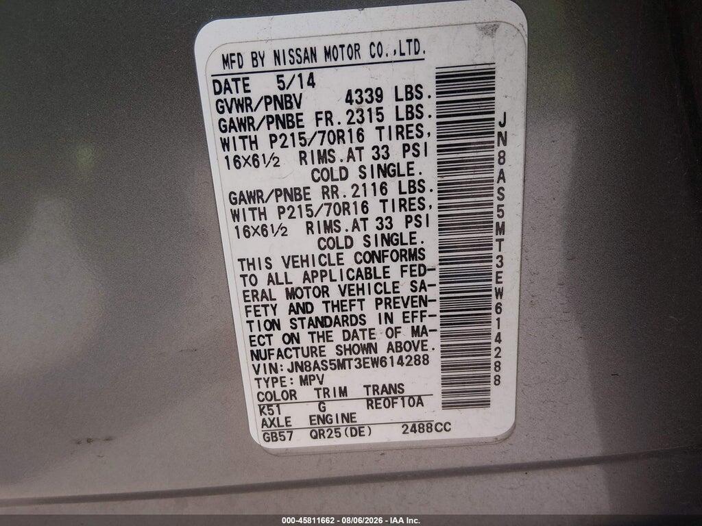JN8AS5MT3EW614288 2014 NISSAN ROGUE SELECT photo no. 9