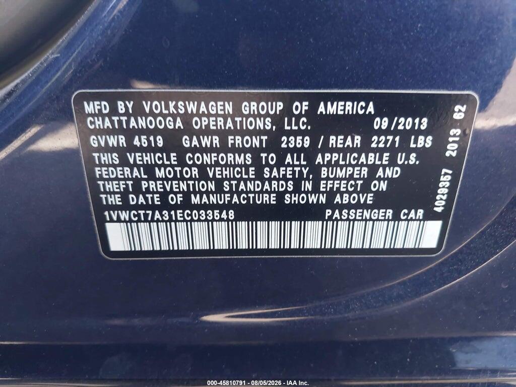 1VWCT7A31EC033548 2014 VOLKSWAGEN PASSAT photo no. 9