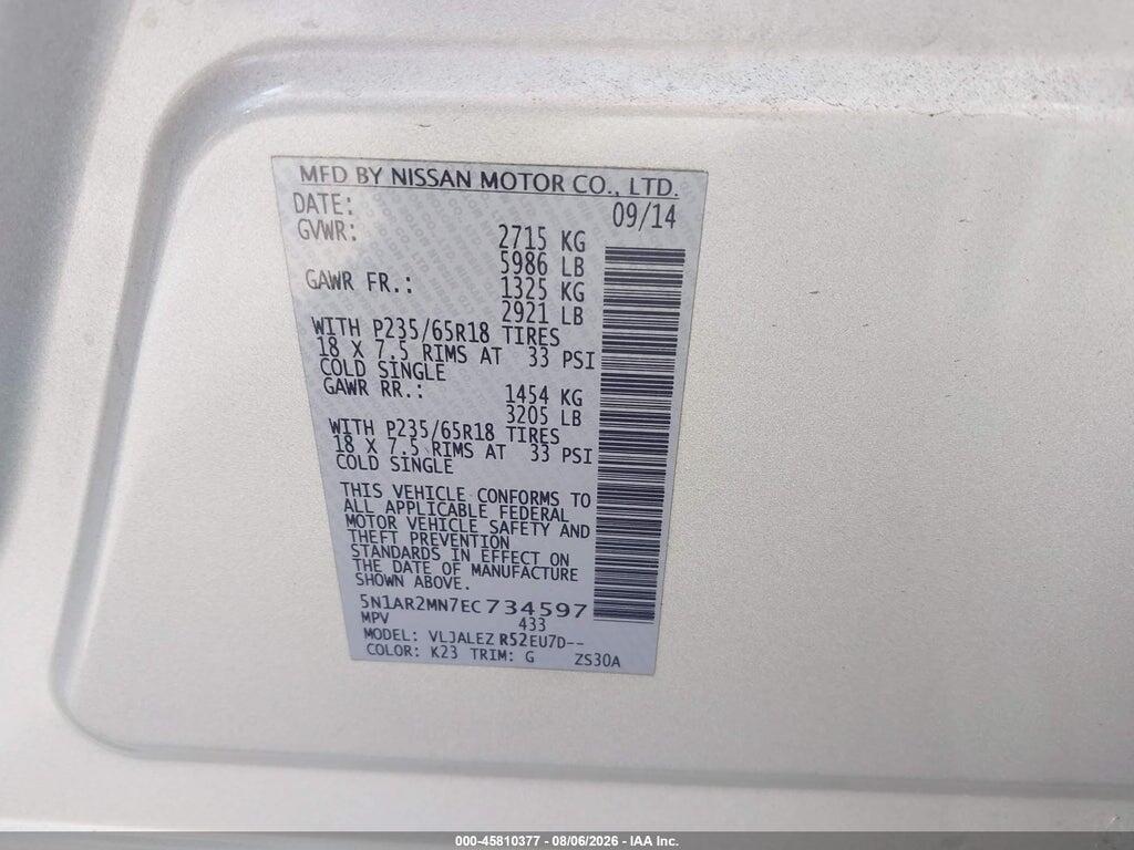 5N1AR2MN7EC734597 2014 NISSAN PATHFINDER photo no. 9