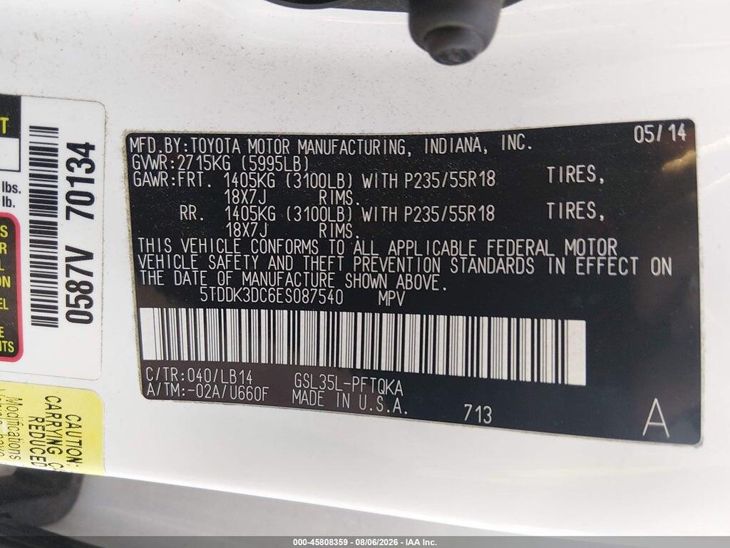 5TDDK3DC6ES087540 2014 TOYOTA SIENNA photo no. 9