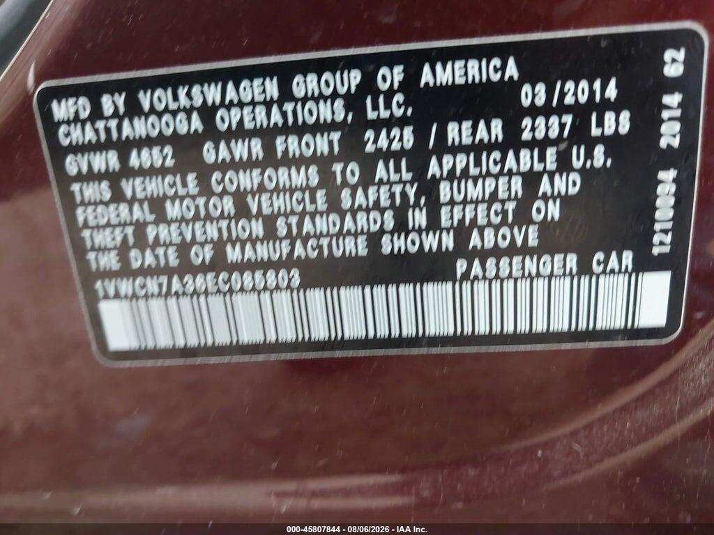 1VWCN7A36EC085803 2014 VOLKSWAGEN PASSAT photo no. 9