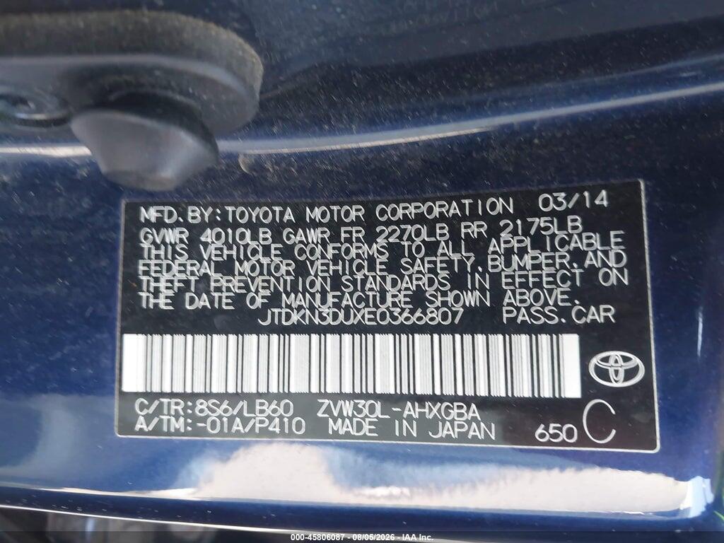 JTDKN3DUXE0366807 2014 TOYOTA PRIUS photo no. 9