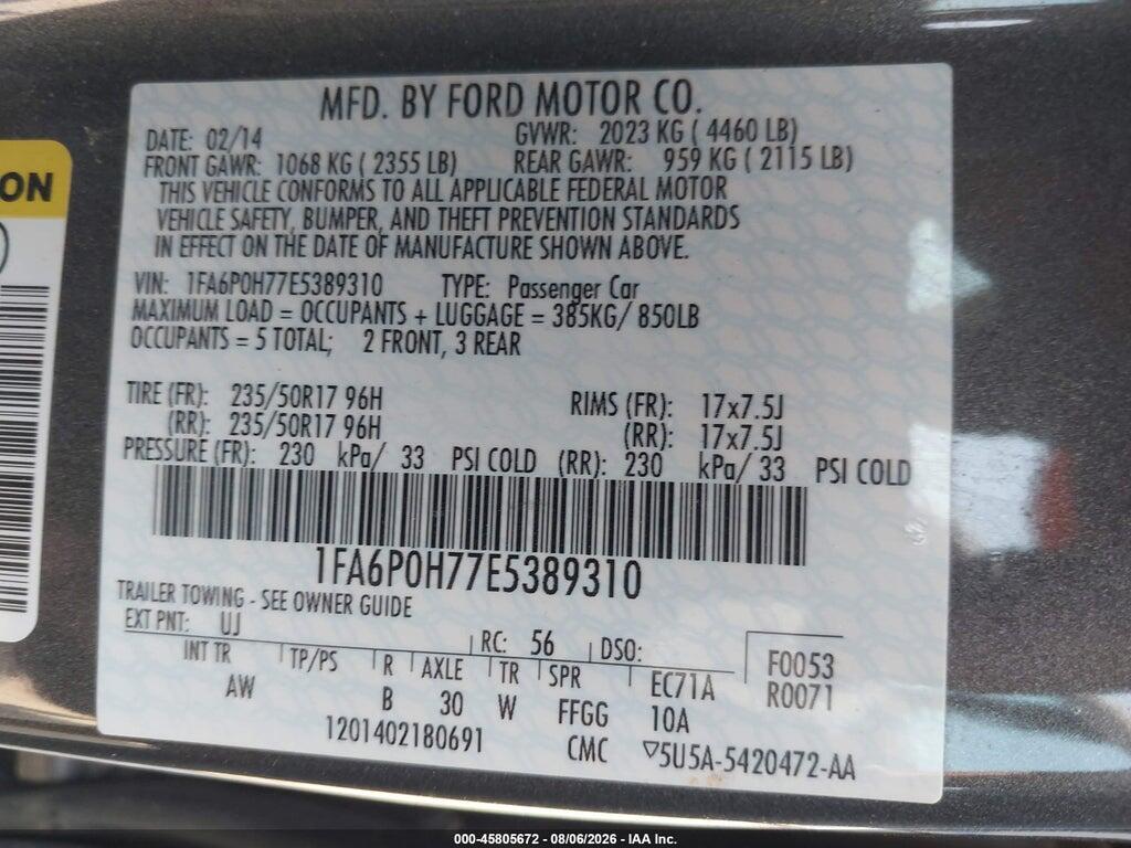 1FA6P0H77E5389310 2014 FORD FUSION photo no. 9