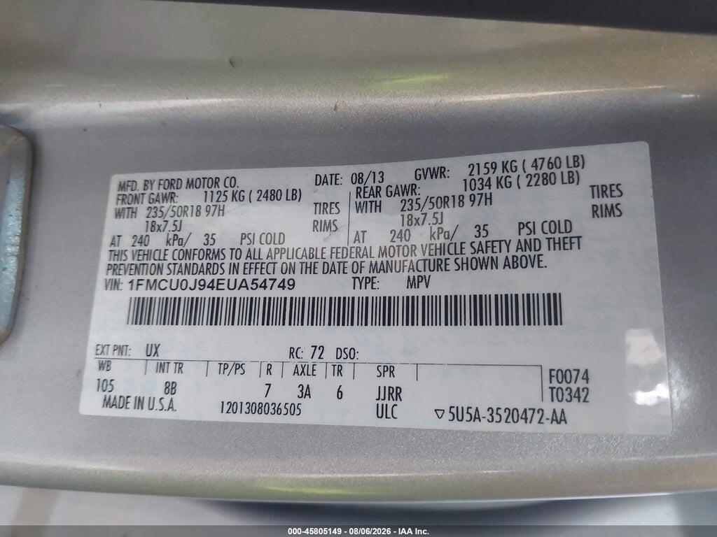 1FMCU0J94EUA54749 2014 FORD ESCAPE photo no. 9