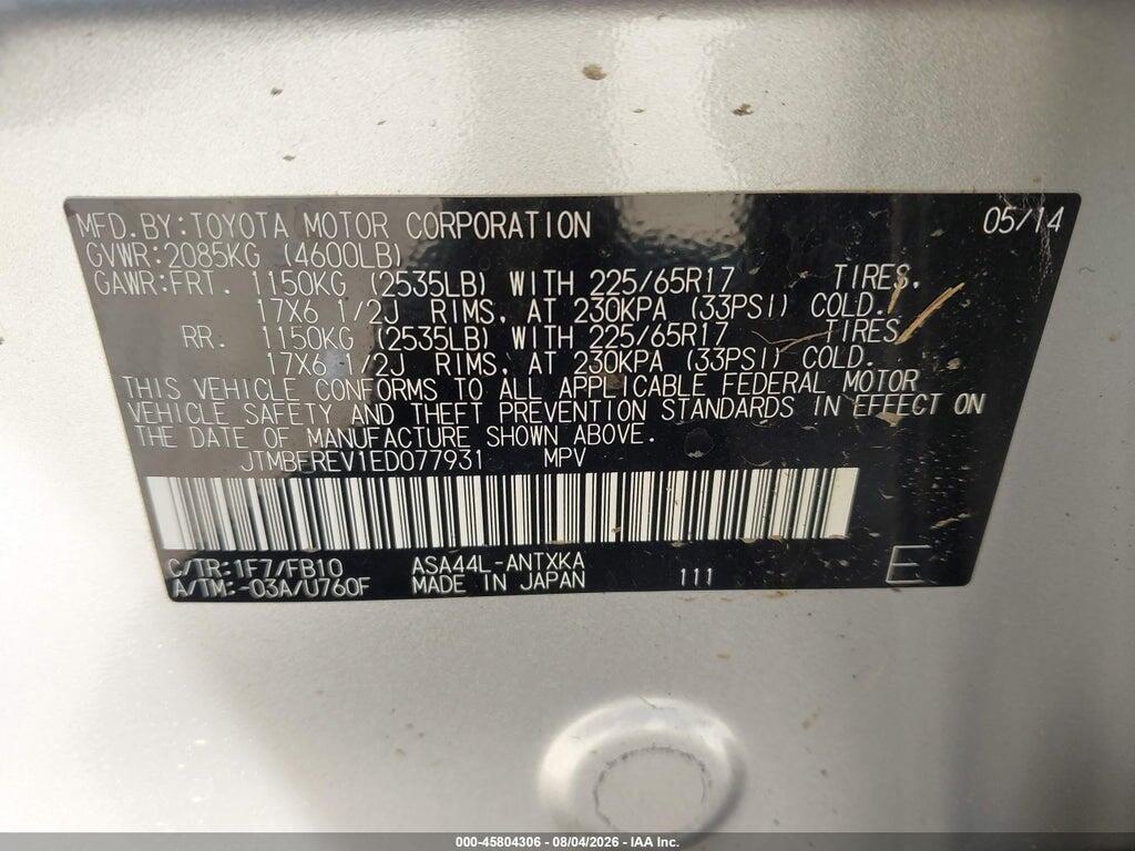 JTMBFREV1ED077931 2014 TOYOTA RAV4 photo no. 9