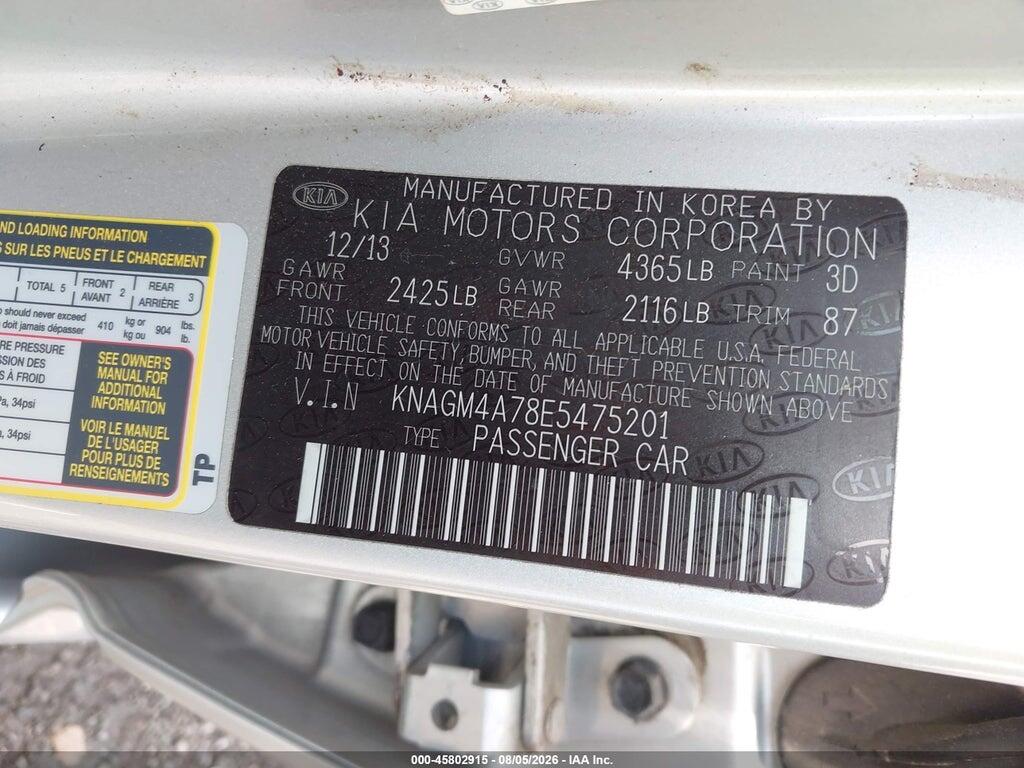 KNAGM4A78E5475201 2014 KIA OPTIMA photo no. 9