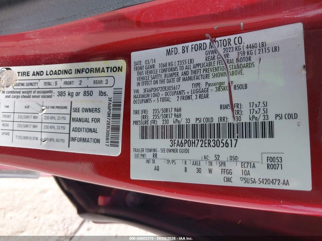 3FA6P0H72ER305617 2014 FORD FUSION photo no. 9