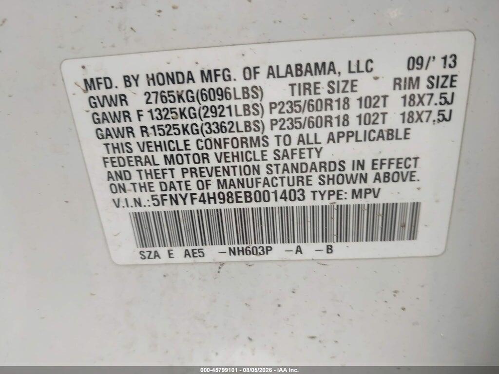 5FNYF4H98EB001403 2014 HONDA PILOT photo no. 9