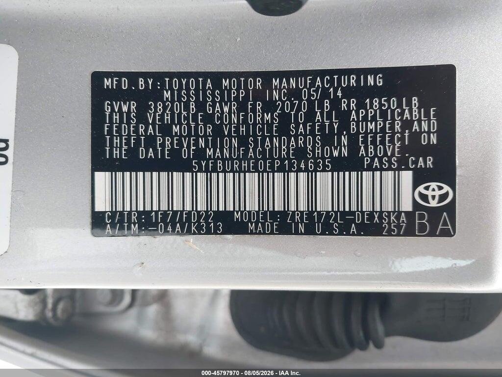 5YFBURHE0EP134635 2014 TOYOTA COROLLA photo no. 9