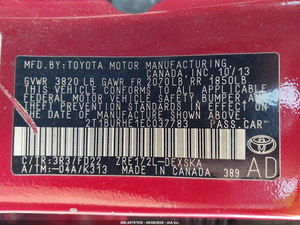2T1BURHE1EC037783 2014 TOYOTA COROLLA photo no. 9