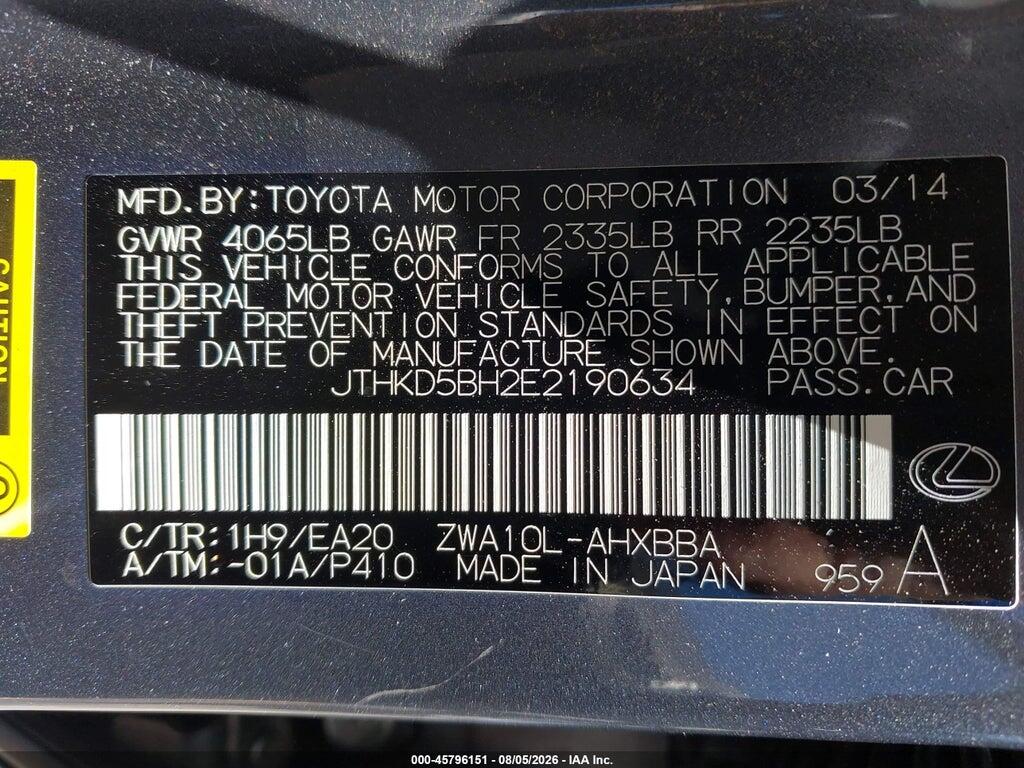 JTHKD5BH2E2190634 2014 LEXUS CT 200H photo no. 9