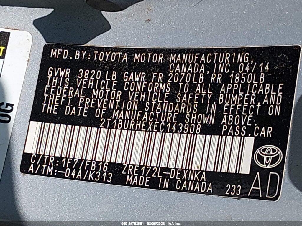 2T1BURHEXEC143908 2014 TOYOTA COROLLA photo no. 9